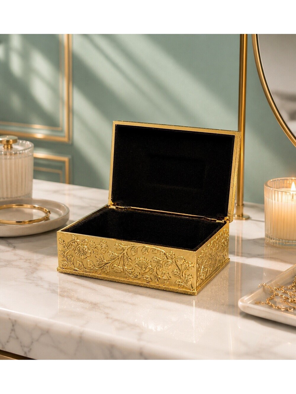 Vintage 1960s Trinket Box Gold-Tone Metal Guilloche Floral, 4x2.5x1”
